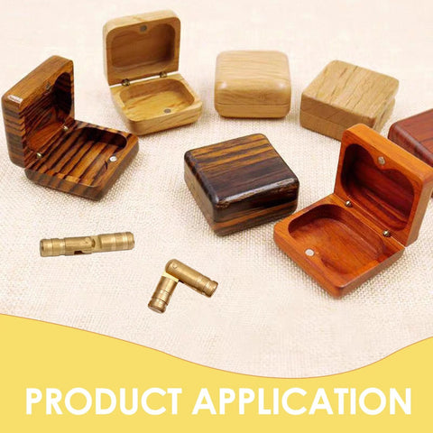 Brass Barrel Hidden Hinges Nextpal for Wooden Jewelry Boxes and Keepsake Cases 20mm and 25mm Set of 32 Pieces shown with boxes