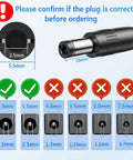 Diagram showing plug dimensions for 12V 0.5A DC Power Supply Adapter For CCTV Surveillance Systems And LED Strip Lights 6W Universal AC To DC Converter 100V To 240V Input With 5.5x2.5mm Center Positive Plug 3ft Cord