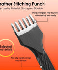 Pro Grade Leather Craft Tools Set With Diamond Stitch Punches 4mm Prongs Inner Teeth Tapered Design For Smooth Labor Saving Punching And Durable High Carbon Steel Build, close-up of leather stitching punch showing sharp prongs and non-slip handle.