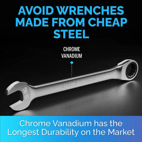 Ratcheting Wrench With Slim Profile Nine Sixteenth Inch, Chrome Vanadium Build For Auto Repair and Home Projects