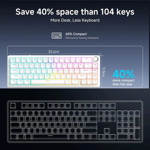 Slick 60 Percent Wired Mechanical Gaming Keyboard With RGB Backlight And Hot Swappable Gasket Mount, showing compact design and dimensions.