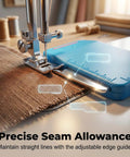 Seam Guide With Magnetic Alignment For Sewing Machines on fabric near sewing needle, blue clamp tool for precise stitching