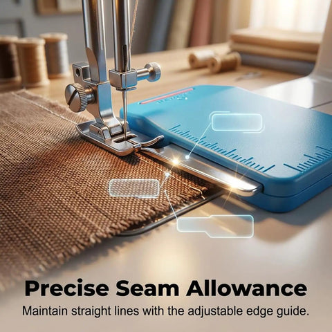 Seam Guide With Magnetic Alignment For Sewing Machines on fabric near sewing needle, blue clamp tool for precise stitching
