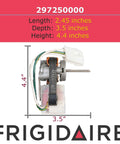 Replacement Fridge Motor 297250000 showing dimensions with Frigidaire branding, 4.4x3.5 inches