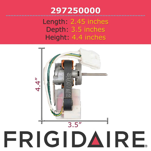 Replacement Fridge Motor 297250000 showing dimensions with Frigidaire branding, 4.4x3.5 inches