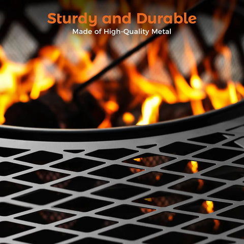 Close-up of 40 Inch Outdoor Fire Pit With Poker And Grill For Patio And Backyard, showcasing durable steel bowl and fire embers.