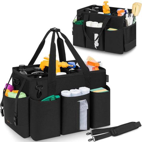 Wearable Cleaning Caddy Bag Pro Grade with adjustable strap, large capacity black organizer for housekeepers and cleaners.