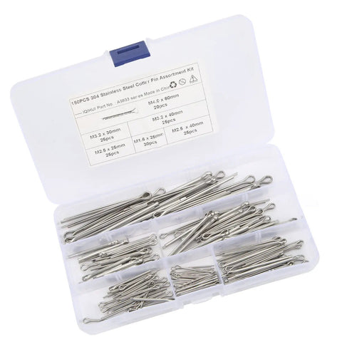 Cotter Pin Kit 150 Pcs Stainless Steel 304 Hairpin Fasteners 6 Size Assortment in open plastic box