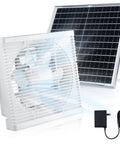 Eight Inch Solar Fan With 20 Watt Rooftop Panel For Backyard Barn Chicken Coop And Garage Shed White Housing and solar panel.