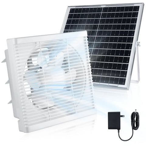 Eight Inch Solar Fan With 20 Watt Rooftop Panel For Backyard Barn Chicken Coop And Garage Shed White Housing and solar panel.