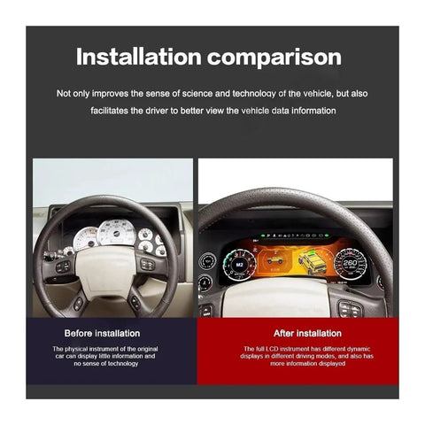 Hummer H2 2003-2007 12.3 Inch LCD Dashboard Instrument Panel Digital Gauge Cluster Replacement Module With Built-In Circuit Board And Indicator Lamps For Stable Idle And Plug-And-Play Easy Install before and after install comparison