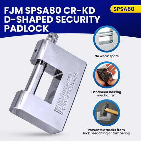 High Security D Style Padlock For Home Trailer Bike Door And Outdoor Shed Lock Heavy Duty Anti Theft Lock Set Keyed Alike With Master Lock Compatible 3 1 8 Inch 80mm Shackle Built Tough For Real World Security, FJM security padlock close-up showing enhanced features.