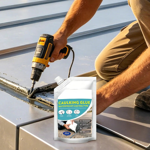 A worker using a drill to apply Heavy Duty Concrete Crack Filler Waterproof Self Leveling Sealant on a metal surface.