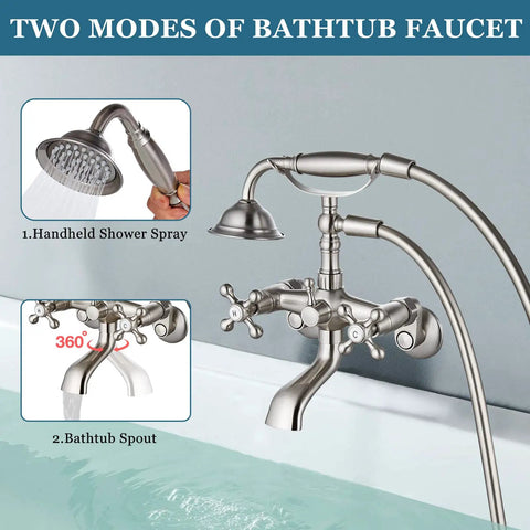Clawfoot Tub Faucet With Handheld Shower Brushed Nickel, Wall Mount Tub Filler With Cross Handles, dual modes shown in use.