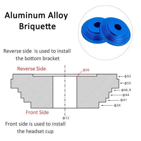 Diagram of aluminum alloy briquette for bike headset cup and bottom bracket press installation tool for BB73 BB86 BB30 BB91 BB92 PF30.