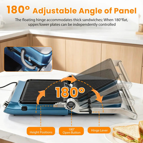 Taylor Swoden 7-In-1 Panini Press Sandwich Maker Electric Indoor Grill showing 180° adjustable panels with nonstick plates.