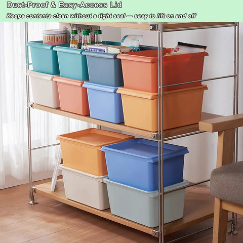 8 Pack Stackable Storage Bins With Lids 5 Quart Plastic Toy And Craft Organizer Boxes on shelving in a room.