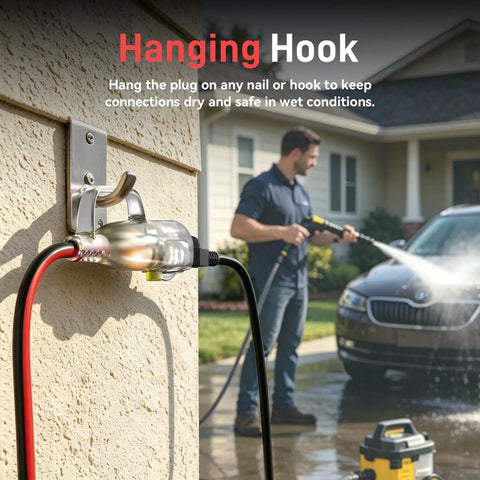 Dang Tough 25 Foot Extension Cord With Secure Locking Plug And Bright Led Light hanging on hook, connection safely elevated.
