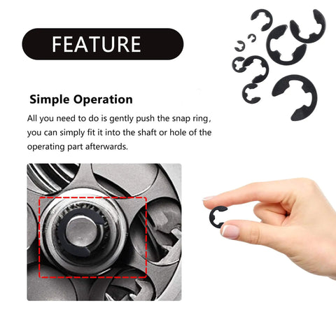 Hand holding snap ring from 400 Piece Car E Clips Kit With Alloy Steel Retaining Rings External Snap Rings In 10 Sizes M1.5 M2 M3 M4 M5 M6 M7 M8 M9 M10 For Auto Repair And Maintenance Replacement Parts And DIY Projects near an engine part.