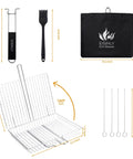 Stainless Steel Grill Basket For Outdoor Barbecuing With Removable Handle Built For Chicken Fish And Veggies Grilling On The Go Portable Camping BBQ Accessory Kit Includes Brush Skewers And Storage Bag Durable No Rust Grilling Basket with dimensions shown