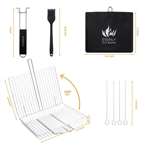 Stainless Steel Grill Basket For Outdoor Barbecuing With Removable Handle Built For Chicken Fish And Veggies Grilling On The Go Portable Camping BBQ Accessory Kit Includes Brush Skewers And Storage Bag Durable No Rust Grilling Basket with dimensions shown