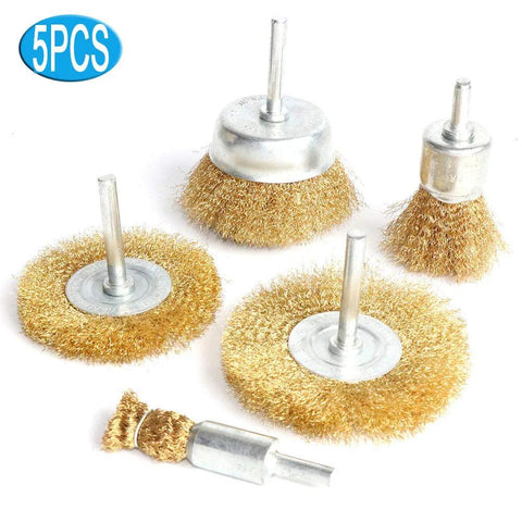 Five brass wire cup brushes for drill with 1/4-inch shanks