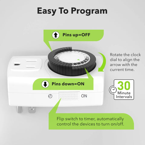 BND60 U47 Indoor Mini 24 Hour Mechanical Outlet Timer 3 Prong showing timer dial with pins up for off, down for on