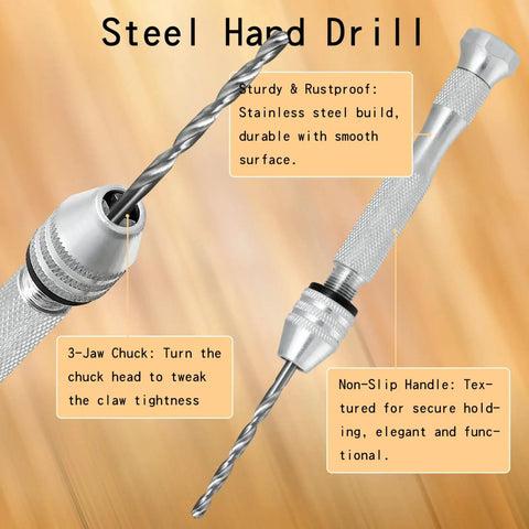 Top Shelf Steel Pin Vise Hand Drill Kit Boasting 670 Pcs Rad Craft Gear showing steel drill and textured handle for jewelry making.