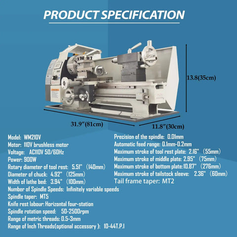 Compact Metal Bench Lathe Featuring A Beefy 8X16 Inch Bed And Mt5 Taper Powered By A Silky 900W Brushless Motor For Straight Up Precision Inch Threading And Tough Diy Turning Jobs That Run Like A Champ with detailed specifications.