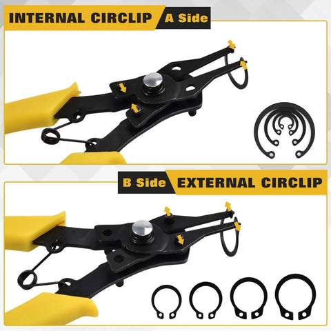 All In One C-Clip And E-Clip Kit With 1036 Pieces, 4-in-1 Micro Snap Ring Pliers in use with external and internal clips