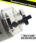 Close-up of Marine Fuel Water Separator Filter, 10 Micron Replacement For S3240, 120AT, NPT Threads, transparent collecting bowl