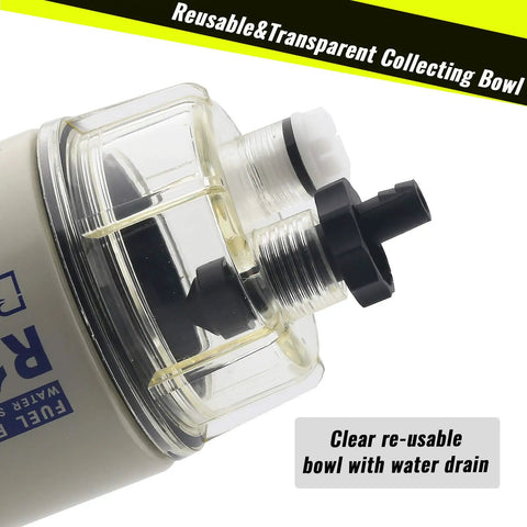 Close-up of Marine Fuel Water Separator Filter, 10 Micron Replacement For S3240, 120AT, NPT Threads, transparent collecting bowl