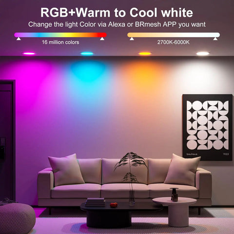 Slick Six Inch RgbCW Led Downlights With Junction Box, 1350 Lumen Canless Recessed Ceiling Lights, Alexa Ready Music Sync And Timer, 23 Scene Vibes, Straight Up Premium Glow, 4 Pack