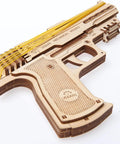 Wolf 01 Handgun 3D Puzzle Rubber Band Gun Mechanical Model Kit For DIY Wood Build, Collectible Hobby Craft, Brain Teaser Puzzle With 60 Rubber Bands, Fires Up To 5 Per Round, 10 Meter Range, Secret Handle Compartment, Torch Mount wooden model with bands