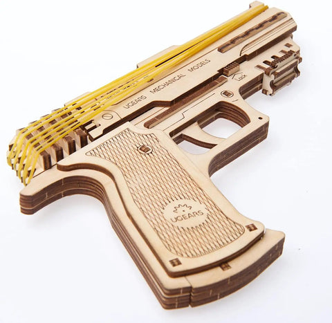 Wolf 01 Handgun 3D Puzzle Rubber Band Gun Mechanical Model Kit For DIY Wood Build, Collectible Hobby Craft, Brain Teaser Puzzle With 60 Rubber Bands, Fires Up To 5 Per Round, 10 Meter Range, Secret Handle Compartment, Torch Mount wooden model with bands