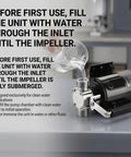 Instructions for using Workhorse 0.1 HP 115V Water Transfer Pump With 6-Foot Hose Kit displayed on a countertop.