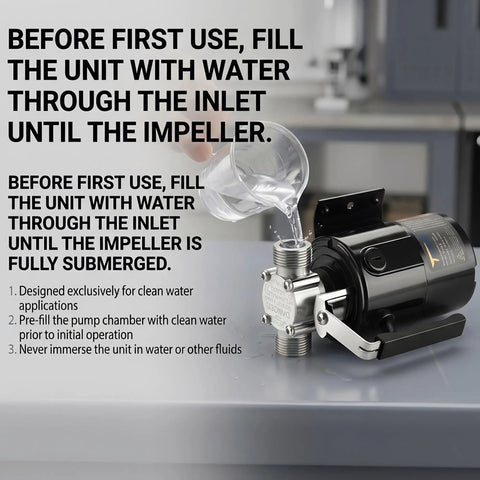 Instructions for using Workhorse 0.1 HP 115V Water Transfer Pump With 6-Foot Hose Kit displayed on a countertop.