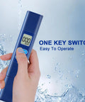 Hand holding Digital TDS Water Meter For Drinking Water And Home Use 0 To 9990 Ppm Water Quality Tester, one key switch visible