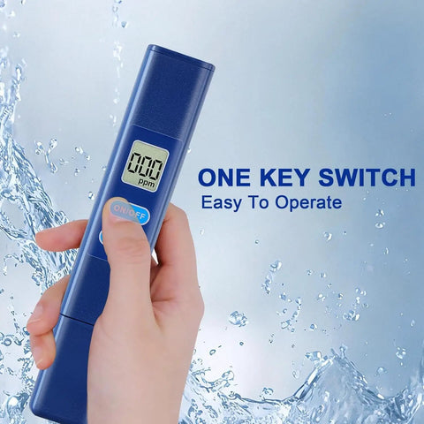 Hand holding Digital TDS Water Meter For Drinking Water And Home Use 0 To 9990 Ppm Water Quality Tester, one key switch visible