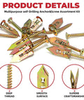 Drywall Anchor Screws Kit 200 Pieces Integrated Drill Tip Mounting Hardware for TV Shelves Cabinets and Curtains Easy Install Galvanized Wall Fixings, assorted anchors and screws