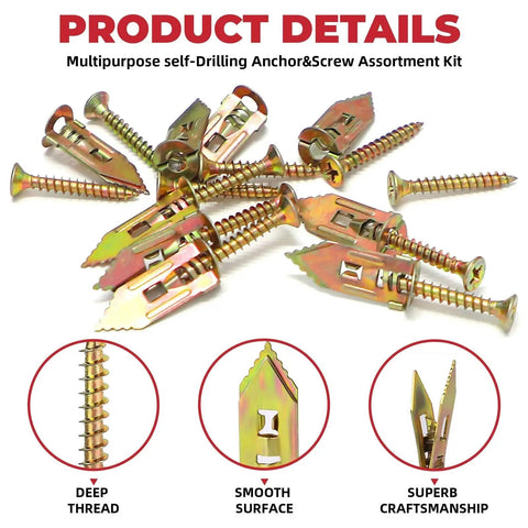 Drywall Anchor Screws Kit 200 Pieces Integrated Drill Tip Mounting Hardware for TV Shelves Cabinets and Curtains Easy Install Galvanized Wall Fixings, assorted anchors and screws