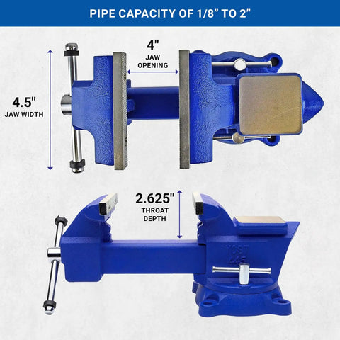 Beefy 4.5 Inch Jaw Combination Vise With Pipe And Bench Vise Swivel Base And Large Pipe Jaw Capacity Cast Iron And Steel U Channel