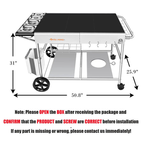 Pizza Oven Table With Topping Station For Outdoor Grills And Griddle Cart Prep Table showing dimensions and features
