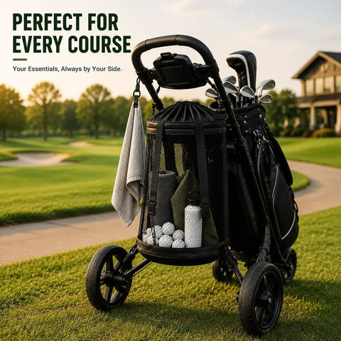 Golf Push Cart Organizer Bag With Mesh Pockets For Trolley Accessories Stores Balls Gloves Towels Water Bottle
