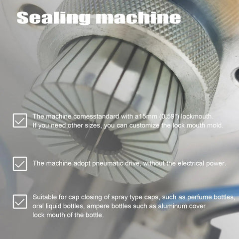 Close-up of the sealing mechanism of the IntXanth Pneumatic Perfume Bottle Crimping Machine 15mm Aluminum Cap Capper Sealer.