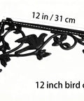 Heavy Duty Cast Iron Shelf Brackets 12 Inch Vintage Bird And Vine Decorative Corbels 4 Pack in black, showcasing ornate design and dimensions.