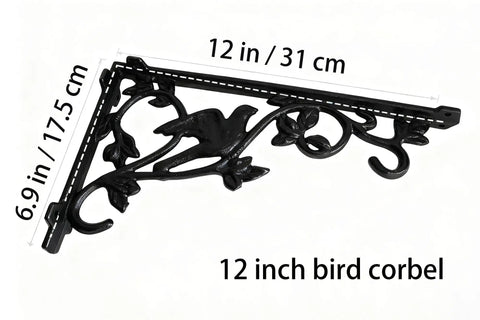 Heavy Duty Cast Iron Shelf Brackets 12 Inch Vintage Bird And Vine Decorative Corbels 4 Pack in black, showcasing ornate design and dimensions.