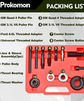Pro Grade Power Steering Pulley Puller And Installer Kit components in a red tray; includes adapters, pins, and assemblies.