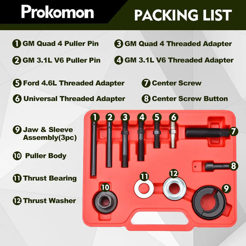 Pro Grade Power Steering Pulley Puller And Installer Kit components in a red tray; includes adapters, pins, and assemblies.