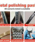 Metal polishing paste uses on scratched and dulled metal objects, including phone edges and watch bands, with results shown.